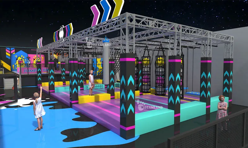 Ninja obstacle course with climbing walls and ropes