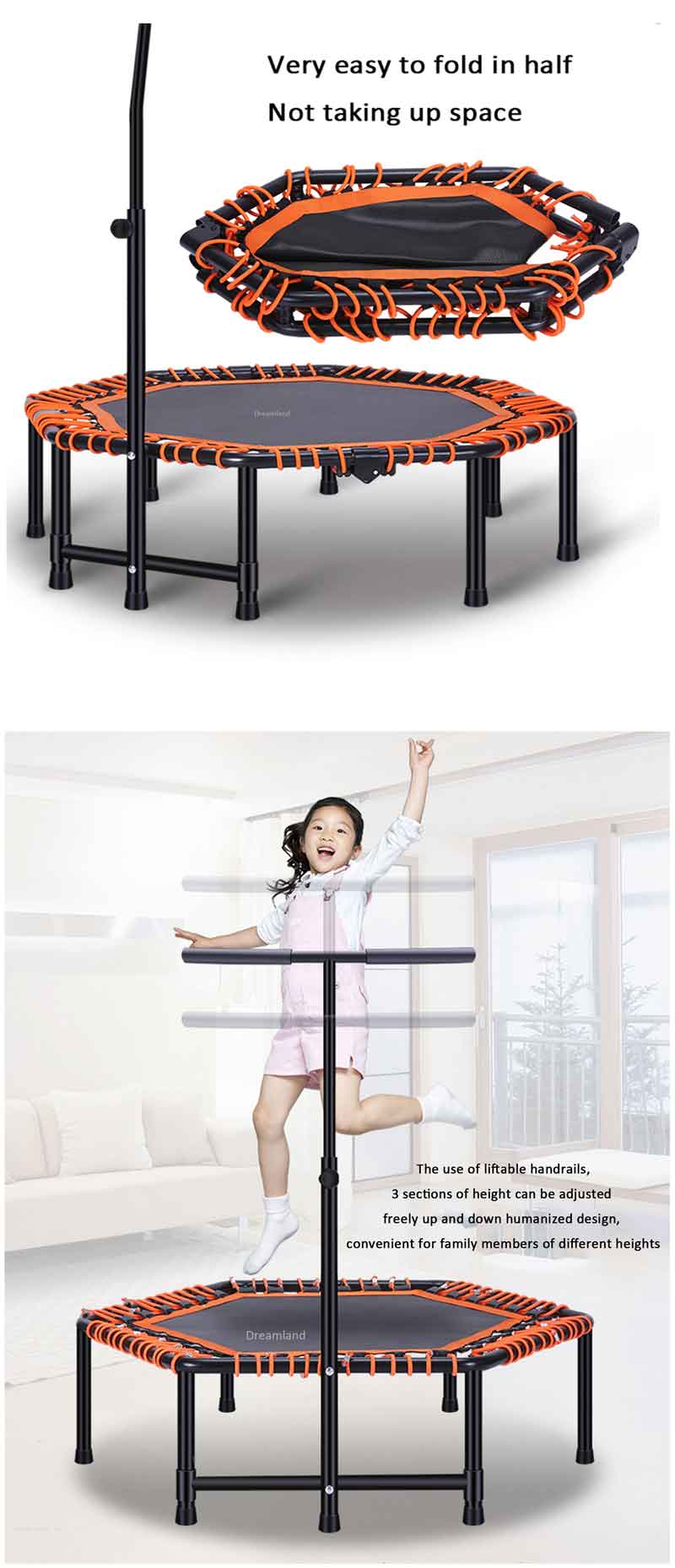 portable small indoor folding exercise trampolines with safety handrail dl 6391a 2